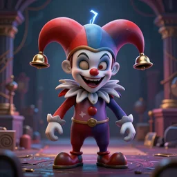 the evil jester smirking wearing cap with bells, lovecraft scene, full body, 3 d, intricate details, by vincent di fate, smooth gradients, octane render, 8 k, volumetric lightning, depth of field, coherent face, vivid colors