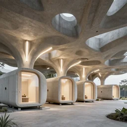 a series of 4 standalone modern cabins connected by a porous, organic canopy made of expanded air filled concrete. tubes of light pass between the layers of the canopy. architectural rendering, perspective image, photorealistic lighting.