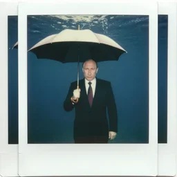 medium shot, vladimir putin standing still with umbrella, underwater polaroid photo, vintage, neutral colors, underwater, by shawn heinrichs and gregory crewdson