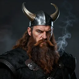 Viking Barbarian wearing a black smoking and long brown beard, Short Brown Hair, Angry look in his face, Mid-30s , wearing a black noble suit, D&D Character Head Portrait, Digital Art, Detailed, Trending on Artstation
