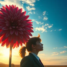 closeup giant dahlia flower head, girl in a suit, surreal photography, blue sky, sunrise, dramatic light, impressionist painting, digital painting, artstation, simon stalenhag