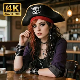a high quality portrait of a beautiful punk girl in a pirate themed cafe, realism, 8k, award winning photo
