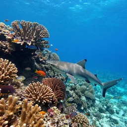 coral reef with fish and sharks