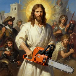 jesus christ holding a chain saw, jesus christ brandishing a chainsaw, jesus christ texas chainsaw, digital painting, 4 k wallpaper, by hayao miyazaki, kentaro miura, by rembrandt, by moebius, by michelangelo, by frank frazetta, beautiful, holy, gorgeous, biblical, masterpiece