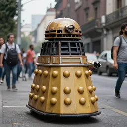 press photo of a dalek in the streets of mexico city