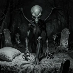 demonic alien with long fingers at the foot of the bed in a dark room, tombstones, cows, beksinski