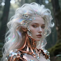 beautiful pragmatic face, crystal, platinum, copper, biomechanoid with incredible iridescent pearlescent voluminous fiberoptic hair, crystalline masterpiece implants, hyperdetailed face, elegant pose, movie still, intricate, octane render, cinematic forest lighting, unreal engine, dieselpunk setting, crepuscular rays, god rays.