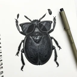 art brut drawing of a bug with sunglasses and a memorry - eraing pen, found scribbled in a notebook, artwork by max klinger