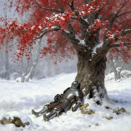 winter, a male warrior wearing armor relaxing under a huge tree with red flowers, ground covered with snow, extreme long shot, fantasy, painting by gaston bussiere, craig mullins, j. c. leyendecker, trending on artstation
