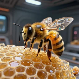 portrait of the queen bee in midst of transparent clear see - through honeycombs. spaceship environment, dramatic lighting, ultra realistic, highly detailed, concept art, photorealistic, octane render, 8 k, unreal engine. art by gustave dore, art by boris vallejo, art by julie bell, art by christopher marley, art by artgerm