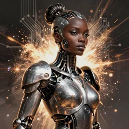 Anfas zulu portrait of an african mech warrior , female, fantasy, circuitry, explosion, dramatic, intricate, elegant, highly detailed, digital painting, artstation, concept art, smooth, sharp focus, illustration, art by Gustave Dore, octane render