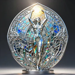 geometric mathematical shaped metal sculpture with ornate crystal glass elements reflecting rainbows into iridescent patterns, female figure within the sculpture with her arms towards the sky, sun shining down upon the scene, style of jack storms, octane render, 4 k, intricate, detailed, 3 d, refined, stained glass, stainless steel