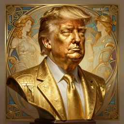 golden artdeco bust of donald trump as the god of money, highly detailed, digital painting, artstation, concept art, illustration, art by artgerm and greg rutkowski and alphonse mucha