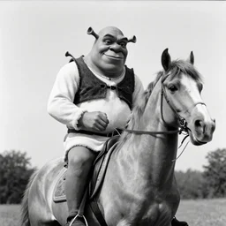 stunning bw film photograph of ( ( ( ( shrek riding a horse ) ) ) ), portrait, aperture 1. 2