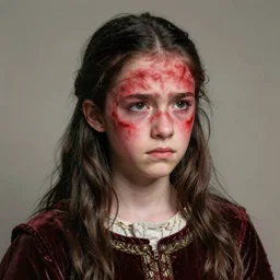 teenage medieval girl, half of face stained red, unhappy, portrait, highly detailed, realistic, dark hair