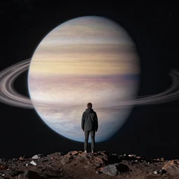 a man standing on neptune. looking out to the vastness of space