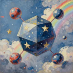 a painting by ralph mcquarrie of floating molecules and icosahedron with stars, clouds, and rainbows in the background, trending on artstation, masterpiece, incredible details