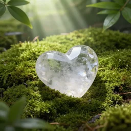 a crystal heart laying on moss in a serene zen garden, light rays are coming through the leaves above, god rays, beautiful award winning macro photography, unreal engine 5, trending on artstation, serene secluded garden, isometric angle,