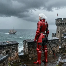 a white-haired woman in bright red armor standing on a castle wall in the rain, looking out at a stormy sea and distand sailing ships. 4k