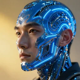 hyperrealistic close-up blue neon exoskeleton!! chinese man covered highly detailed concept art eric zener elson peter cinematic side soft yellow light low angle hd 8k sharp shallow depth of field