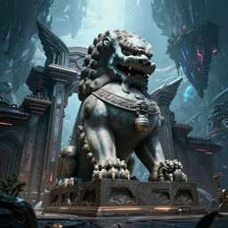chinese lion statue at alien civilization gate, alien cizilization like floating islands like avatar, high - tech space cult, dramatic lighting, epic, octane render, volumetric light, unreal engine, artbreeder, 8 k, background, scene, digital, artwork, high quality, 8 k