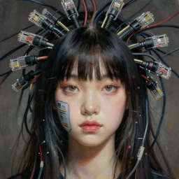 beautiful pure evil teenager korean lain, cute but erratic haircut, with hundreds of network cables, neatly coming out of her head, a part of her face panel is showing, she is in pure bliss, chaos, bizarre, strange, portrait, painting, beautiful, detailed symmetrical close up portrait, intricate complexity, in the style ilya kuvshinov