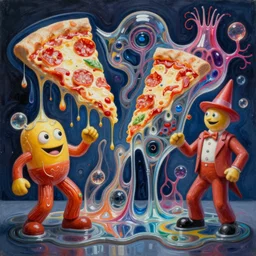 an extremely high quality hd surrealism painting of 3 d perspective neon complimentary - colors cartoon surrealism melting sculptural cast glass biological anatomical zaha hadid dripping pizzasman by a much more skilled version of kandinskypicasso and salvia dali the fourth, salvador dali's much much much much more talented painter cousin, 8 k, ultra realistic, very realistic, nerves, veins, neurons