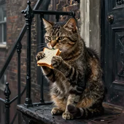 character portrait of a rugged cat sitting down on a fire escape eating a sandwich in gothic london, gothic, john singer sargent, muted colors, moody colors, illustration, digital illustration, amazing values, art by j. c. leyendecker, joseph christian leyendecker, william - adolphe bouguerea, graphic style, dramatic lighting, gothic lighting