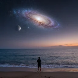man standing alone at the beach fishing in the ocean a distant galaxy and a planet with rings visible in the dusk sky highly detailed photograph high resolution 8 k