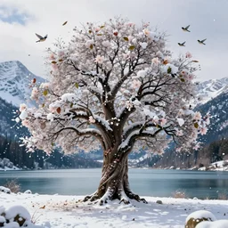 a beautiful awesome artistic tree around snow falls with falling flowers like leaves and many birds, all in the amazing outdoors view, mountain in the background, lake, long exposure, 8 k resolution, trending on artstation