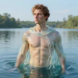 body portrait of a man made of water emerging from a lake, wearing a cloak, by terry o'neill intricate, elegant, highly detailed, digital painting, glistening skin, artstation, concept art, smooth, sharp focus, natural lighting, bright colors, illustration, art by artgerm and greg rutkowski and alphonse mucha, 8 k