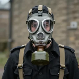 british sas operative with the standard s 1 0 gas mask and the black uniform, 8 0 s, artstation, trending on artstation, establishing shot