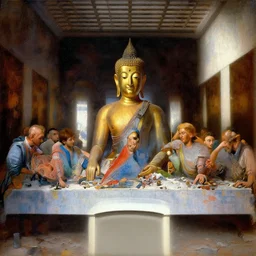 a beautiful painting cyberpunk gold buddha the last supper, by leonardo da vinci realistic oil painting