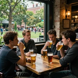 a diverse group of beer lovers drinking at a pub in the city next to a local park, picture in the style of Edward Hopper