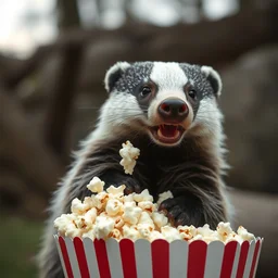 badger eating popcorn, professional photography