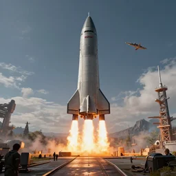 grey scifi space rocket, fired from launch platform, exhaust engine fire, landscape, alex ross, eddie mendoza, raphael lacoste, george lucas, star wars, star citizen, horizon zero dawn, sebastian ludke, concept art, matte painting, highly detailed, rule of thirds, dynamic lighting, cinematic, realism, realistic, photo real, detailed, magnificiant landscape, denoised, centerd