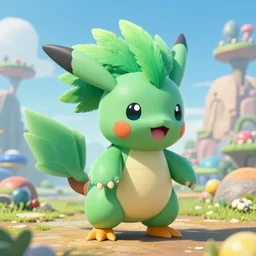 a cute berry type pokemon, green feathers bursting out of his hair, highly detailed digital art, 3 d perspective, award - winning illustration, aesthetic, smooth, pokemon style, made by greg rutkowski, in an alien landscape