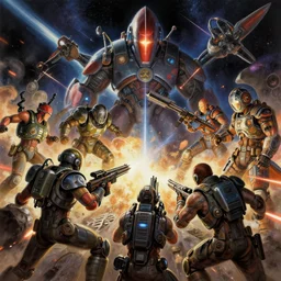 A digital painting of an epic space battle, by Stanley Artgerm Lau, frank frazetta, Rossdraws, James Jean, gerald brom, Andrei Riabovitchev, Marc Simonetti, and Sakimichan, trending on artstation, SFW version