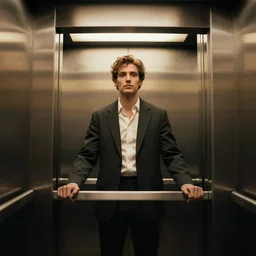 a man in an elevator that moves horizontally and vertically