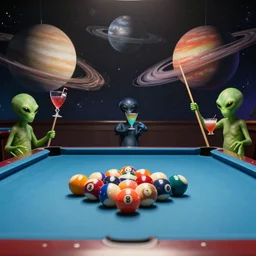 planets of the galaxy as pool balls on a pool table with aliens holding pool sticks and drinking alien drinks movie still, cinematic, photorealistic, extreme detail, sharp focus, 8 k, intricate, hyper detailed, realistic, cinematic lighting