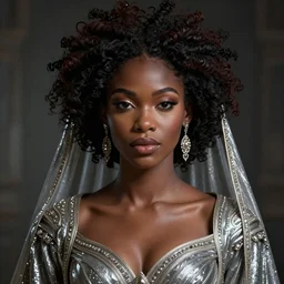 Portrait painting of a beautiful african princess, stunning 3d render inspired art by P. Craig Russell and Barry Windsor-Smith + perfect facial symmetry + dim volumetric lighting, vibrant dark hair, ornate flowing silvered robes, 8k octane beautifully detailed render, post-processing, extremely hyperdetailed, intricate, epic composition, grim yet sparkling atmosphere, cinematic lighting + masterpiece, trending on artstation, very very detailed