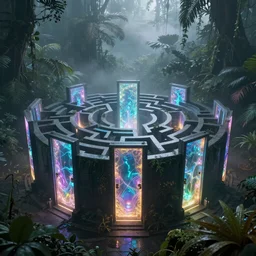 Maze of iridescent electromagnetic doors :: misty mysterious jungle environment :: sense of awe :: epic wide shot, artstation, sharp focus, smooth, establishing shot, volumetric light, photorealism, cinematic, dramatic, ominous, fine details :: 8k octane rendering —ar 16:9