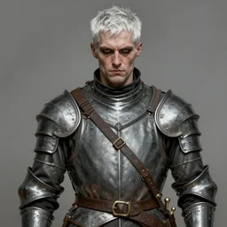 portrait painting of a cocky man with short white hair wearing grey pelt gambeson, early 3 0 s. ultra realistic, concept art, intricate details, eerie, highly detailed, photorealistic, octane render, 8 k, unreal engine. art by artgerm and greg rutkowski and charlie bowater and magali villeneuve and alphonse mucha