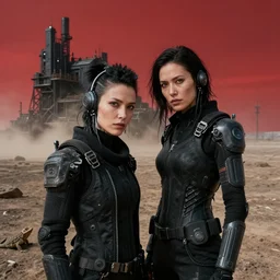cinestill 5 0 d photographic portrait of two loving female androids wearing rugged black techwear on a desolate plain with a red sky, extreme closeup, lizard on ground, cyberpunk style, in front of a brutalist dark metal facility, dust storm, 3 5 mm, high resolution, 8 k, hd, f / 3 2, ultra realistic faces
