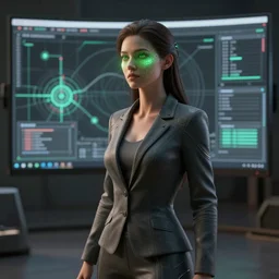 a woman in a futuristic suit, soft green lights on her face, a computer rendering by hedi xandt, cgsociety, net art, daz 3 d, zbrush, behance hd, highly detailed, cinematic lighting, medium shot, ground angle, uhd 8 k, shallow depth of field
