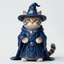 a cat wizard wearing blue robes in the style of arcane