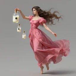a beautiful 4 0 years old chatain hair woman in a pink - red long dress levitates 3 precious little transparent bottle filled with a magic ivory white liquid and a black sticker, fantasy, intricate, elegant, highly detailed, digital painting, artstation, concept art, matte, sharp focus, illustration, greg rutkowski