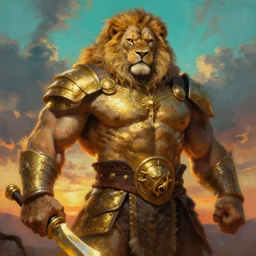 muscular oversized  proud lion animal as barbarian hunter  with gold chest armor and shiny gold weapon and anthropomorphic human oversized mutant proportions and very hairy body , backlight  body , extreme very textured detailed panoramic portrait oil painting by rembrandt, sunset, dramatic clouds and cyan atmosphere
