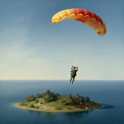 Man parachuting onto a small island in the middle of a big lake painting by rene magritte, high detail, high resolution