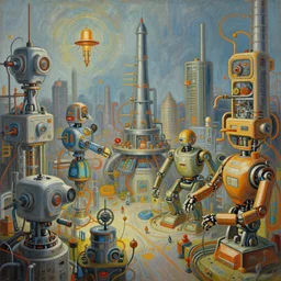a beautiful painting of endless possibilities and technological evolution. machines. electricity. engineering. ideas. inventions. robotics. industrial